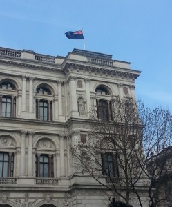 Die vlag van Montserrat bo-op die Foreign and Commonwealth Office